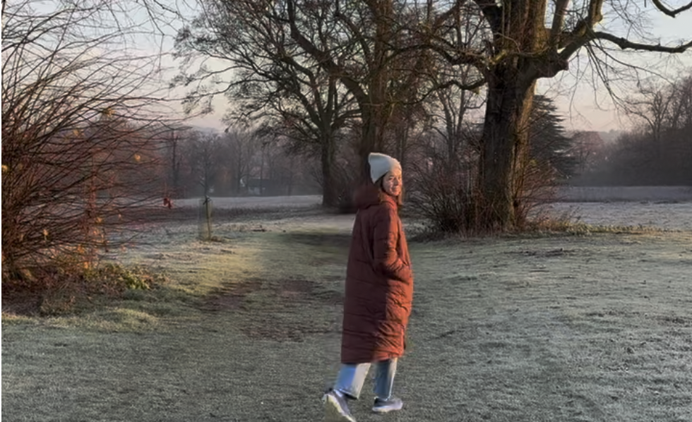 Nuala walking in a wintery UK scene. 