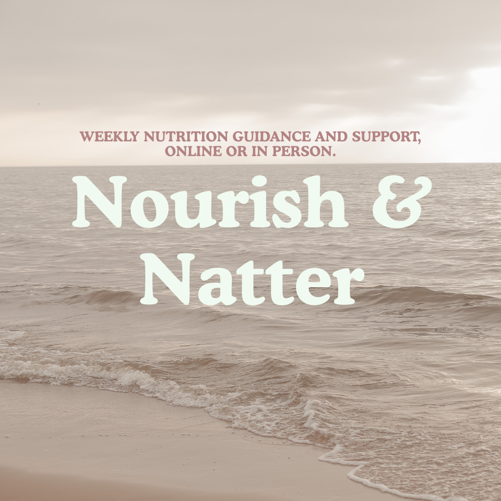 Nourish and natter icon with a descriptor of weekly nutrition guidance and support, online or in person. 