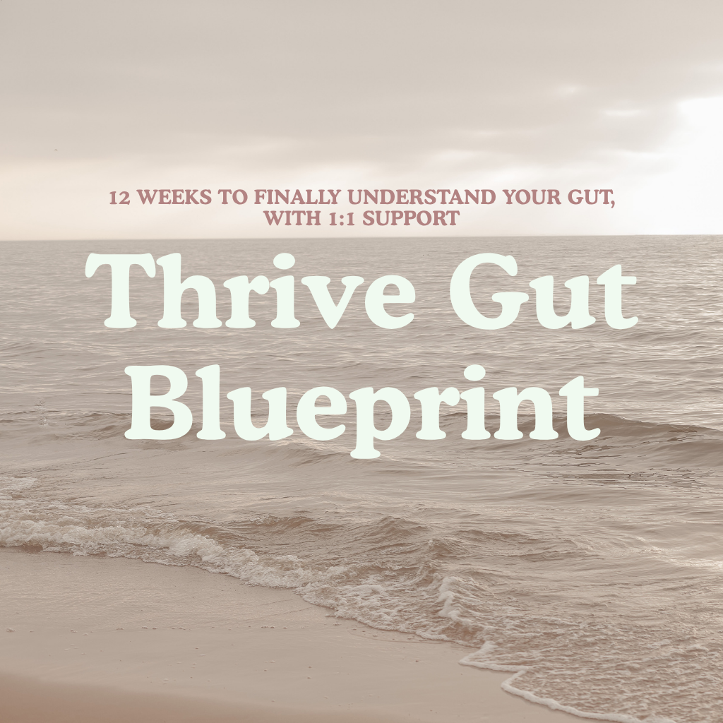 A square promotional graphic with a soft beach scene in muted beige and brown tones, overlaid with the text '12 WEEKS TO FINALLY UNDERSTAND YOUR GUT, WITH 1:1 SUPPORT' and large centered text reading 'Thrive Gut Blueprint.'.