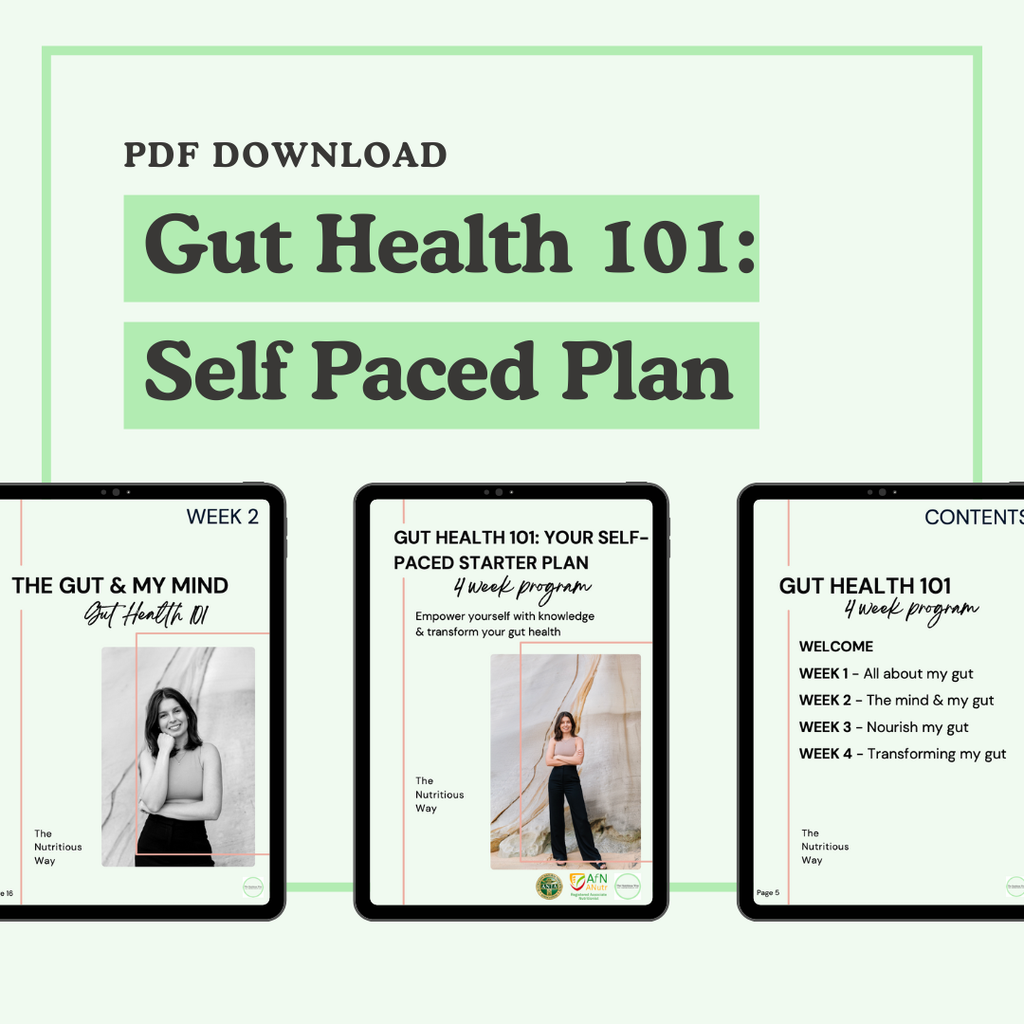 Gut Health 101 self-paced plan PDF download with tablet views on a white background