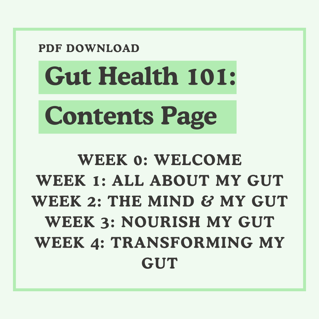 Gut Health 101 contents page with a green border on a white background