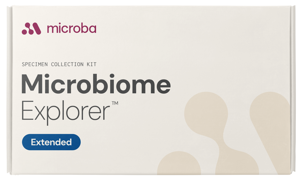 Microbiome Explorer specimen collection kit packaging with Microba branding on a white background