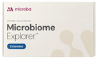 Microbiome Explorer specimen collection kit packaging with Microba branding on a white background