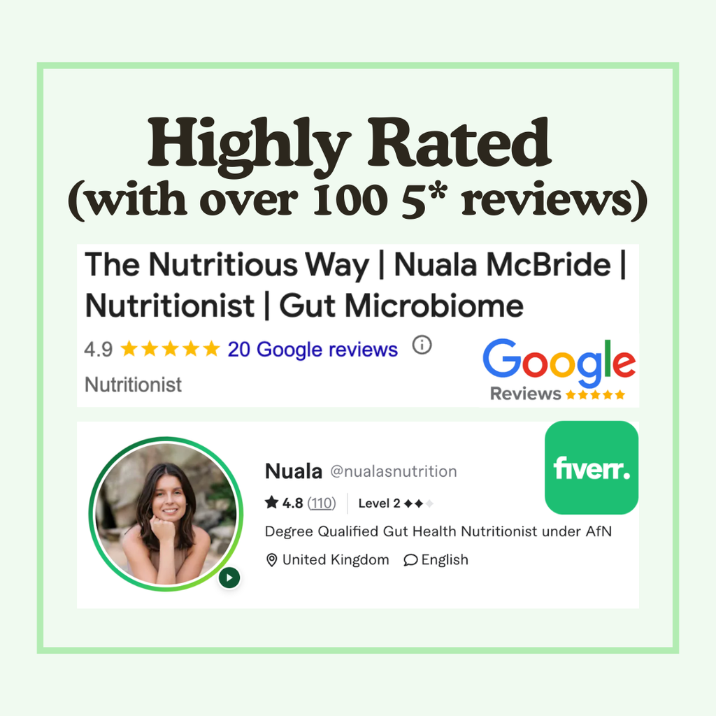 Graphic for Nuala McBride, a nutritionist, with Google Reviews and Fiverr logos.